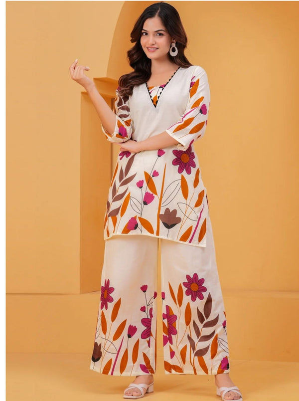 Ivory and Floral Printed Cotton Co-ord set with Wide-leg pants