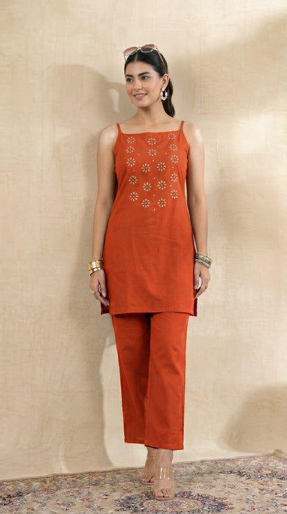 Floral Mirror Cutwork Sleevless Co-ord set