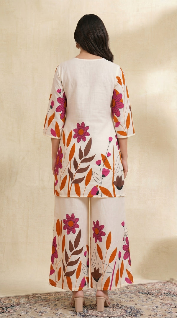 Ivory and Floral Printed Cotton Co-ord set with Wide-leg pants