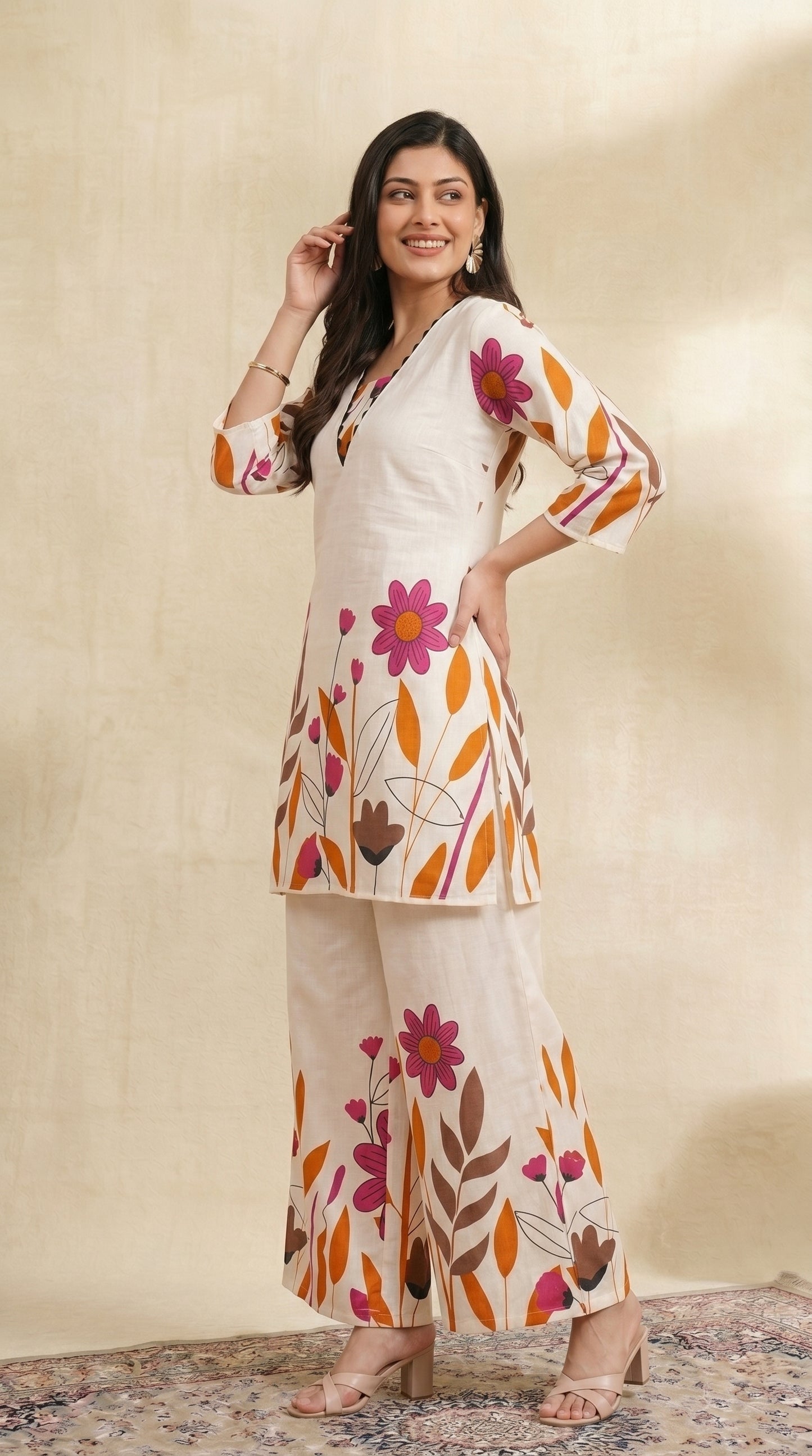 Ivory and Floral Printed Cotton Co-ord set with Wide-leg pants