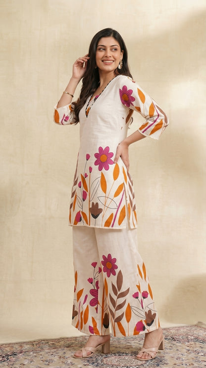 Ivory and Floral Printed Cotton Co-ord set with Wide-leg pants