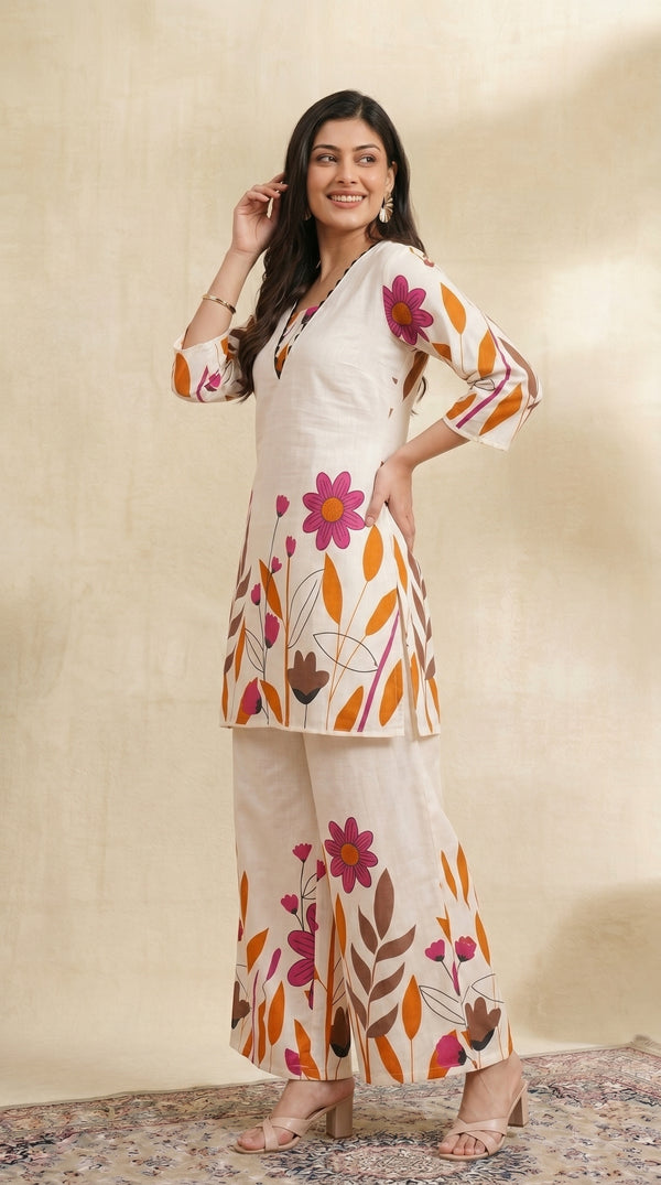 Ivory and Floral Printed Cotton Co-ord set with Wide-leg pants