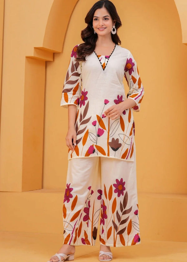 Ivory and Floral Printed Cotton Co-ord set with Wide-leg pants